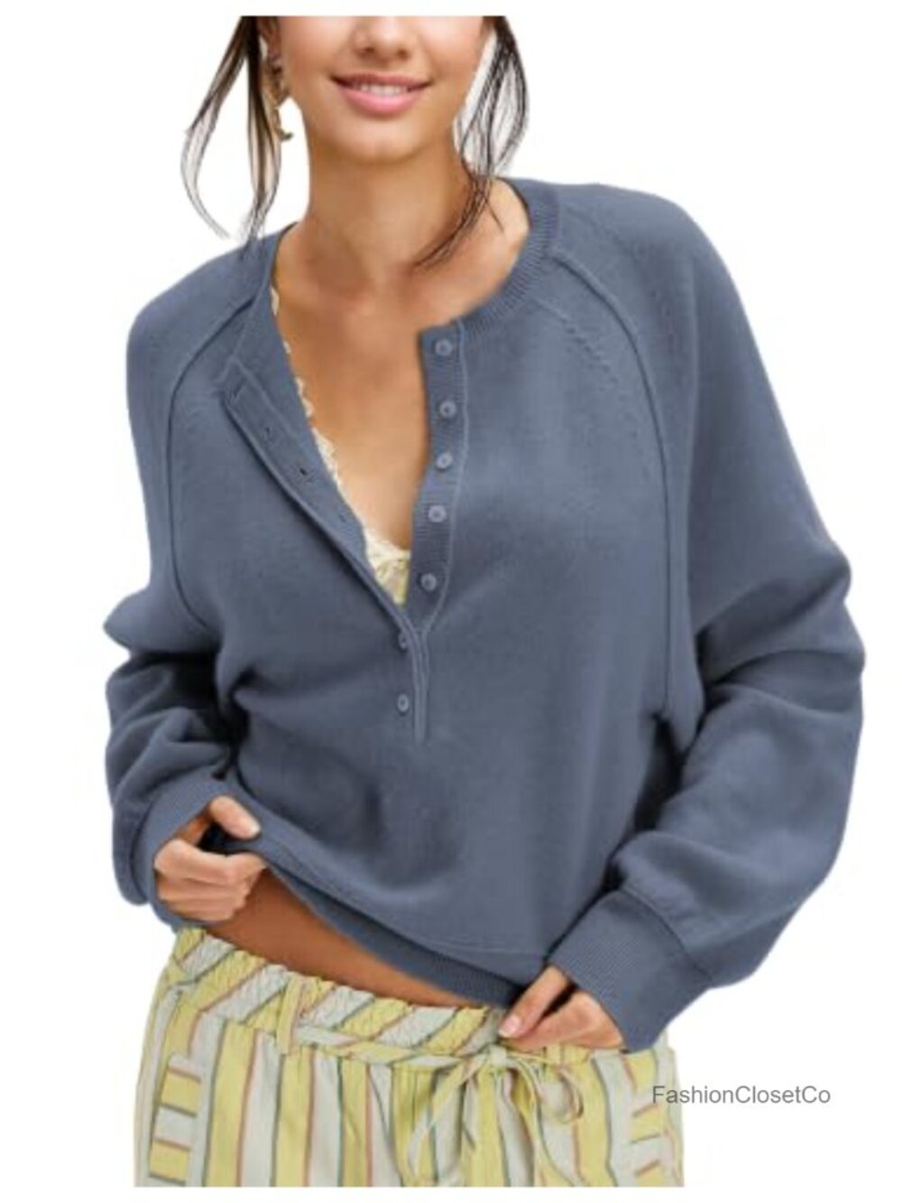 Womens Half Button Henley Neck Pullover Sweater